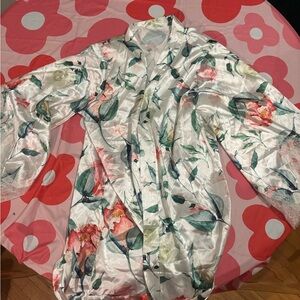 Floral Satin Kimono with Lace